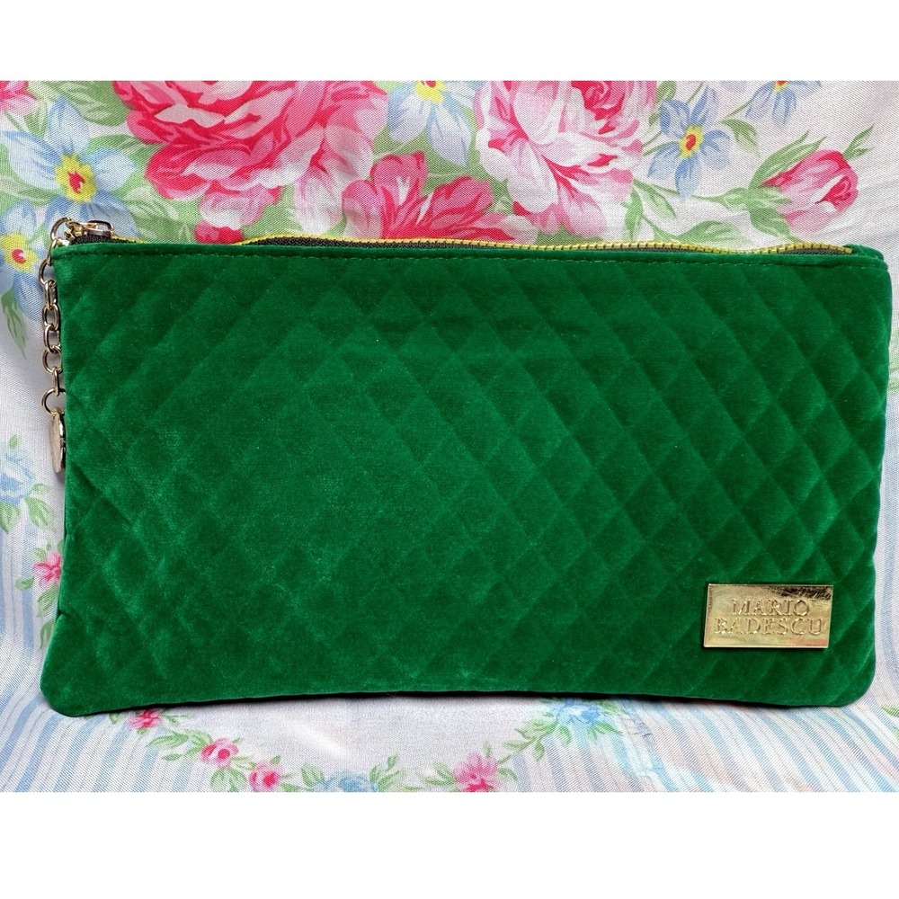 Mario Badescu Green Velvet Quilted Makeup Cosmetic Bag Zip Pouch 5.5x10"